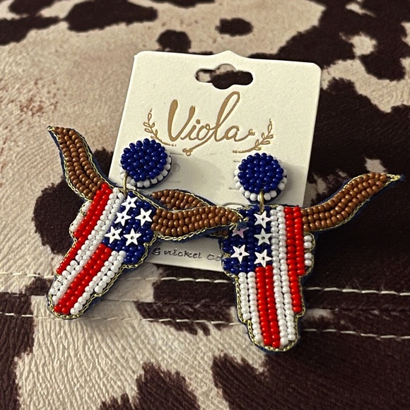 Viola Jewelry - Beaded American Flag Steer Skull Earrings